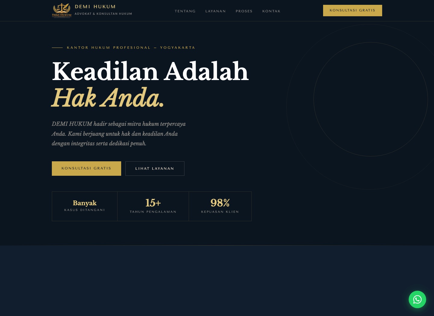 Demi Hukum law firm website with a dark navy background, gold accents, and consultation options