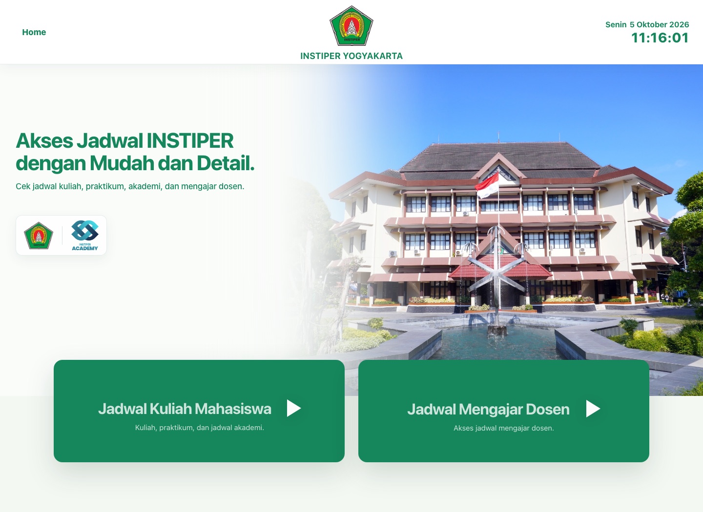 INSTIPER Yogyakarta schedule portal showing the campus and access to student and lecturer schedules