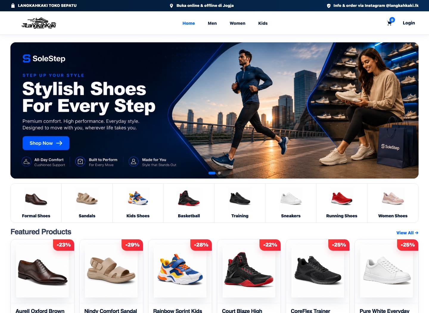 LangkahKaki online shoe store, showing its hero banner, footwear categories, and featured products